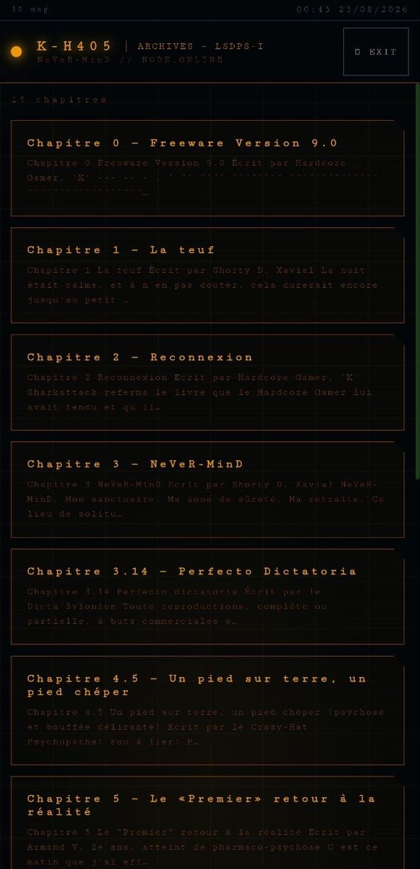 Liste des chapitres